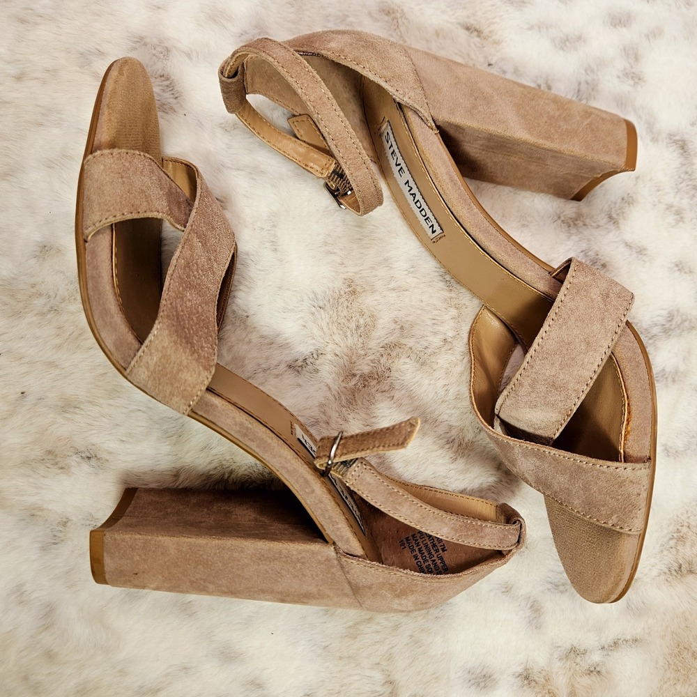 Steve Madden Suede Tan Heels 7M Sarall Open Toes Ankle Straps Office Core Date‎ - Picture 5 of 13